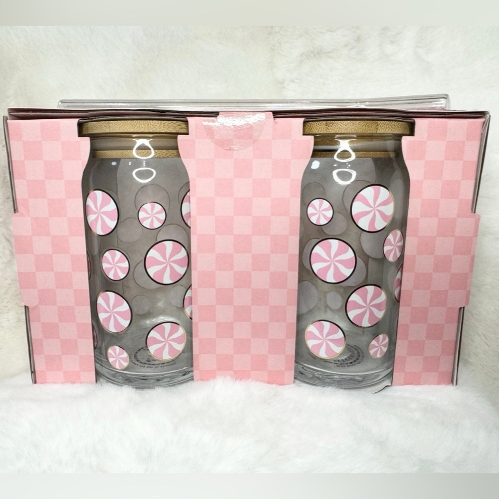 *NEW* New Pink Peppermint Glass Tumblers Set of 2 with Straw